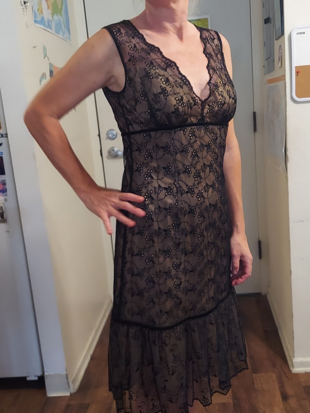 Gorgeous Elegant Black Eyelet ABS Brand Overlay Midi Dress with Nude Lining